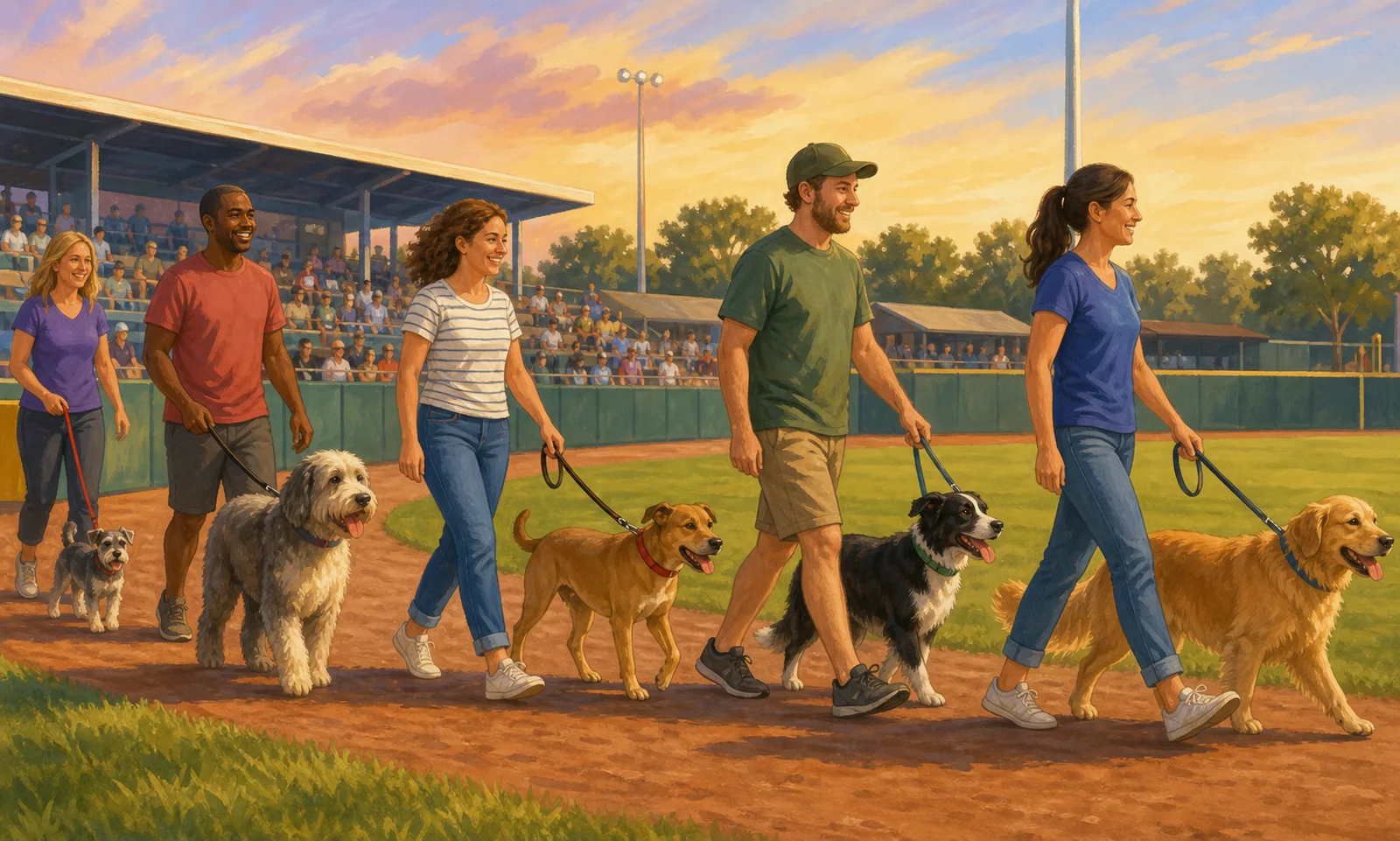 Editorial illustration of leashed dogs and adult owners joining an orderly pregame parade beside a generic baseball field.