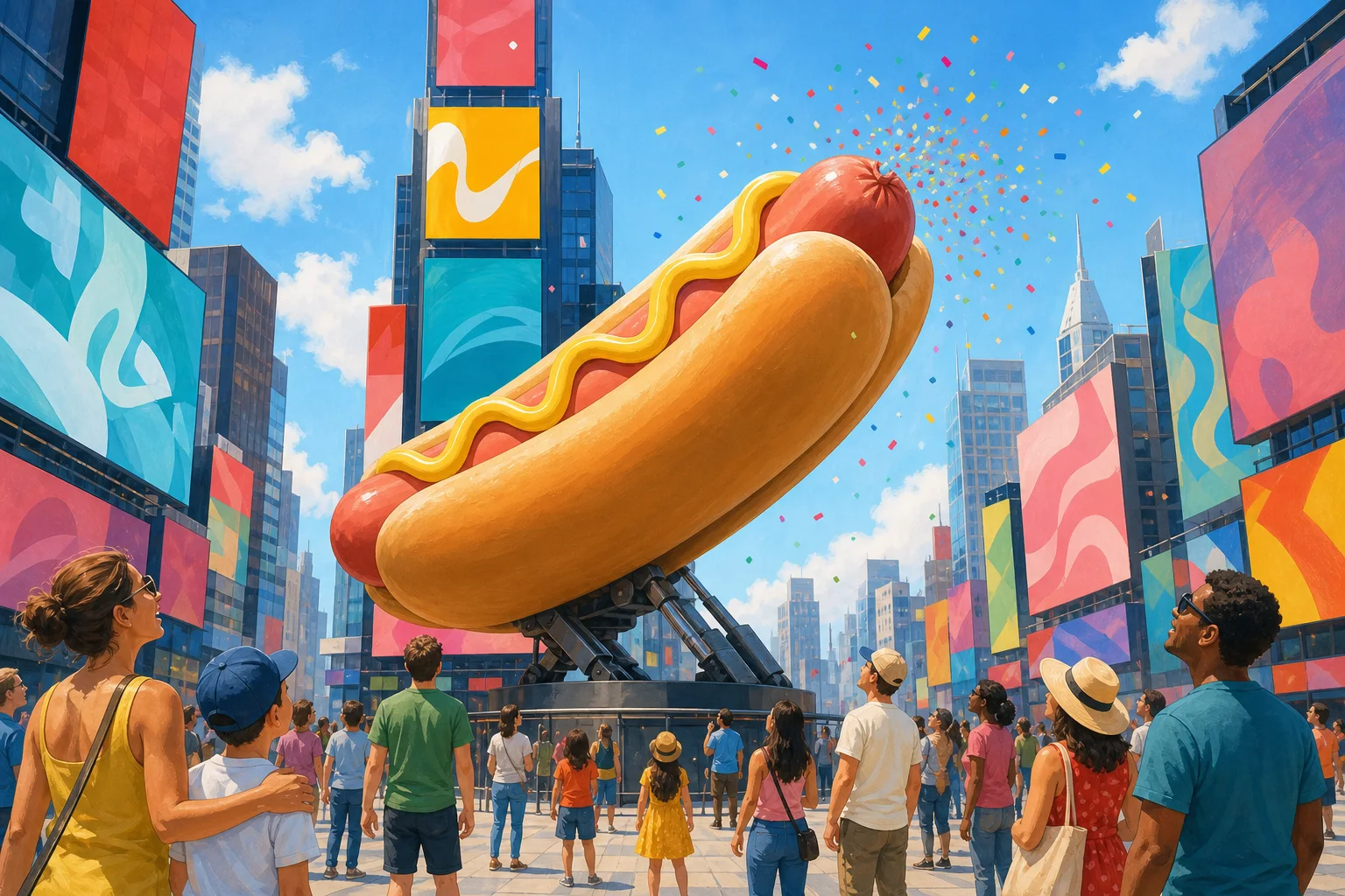 A 65-Foot Hot Dog Is Tossing Confetti in Times Square Today