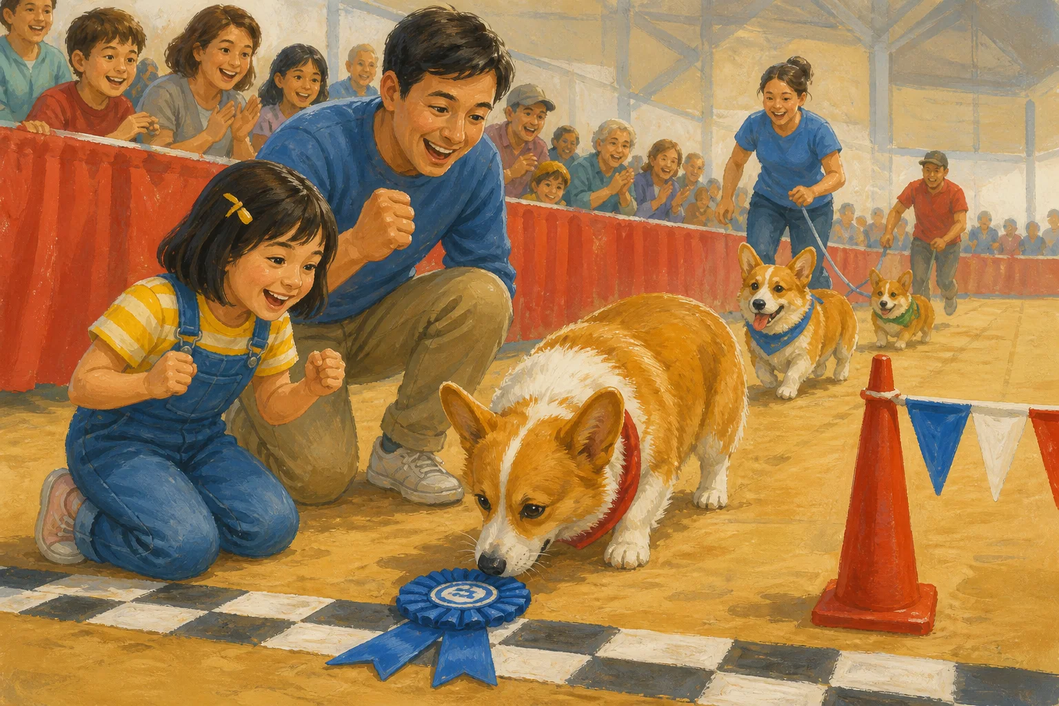 Editorial illustration of a family cheering as a corgi investigates a prize ribbon at a fairground finish line