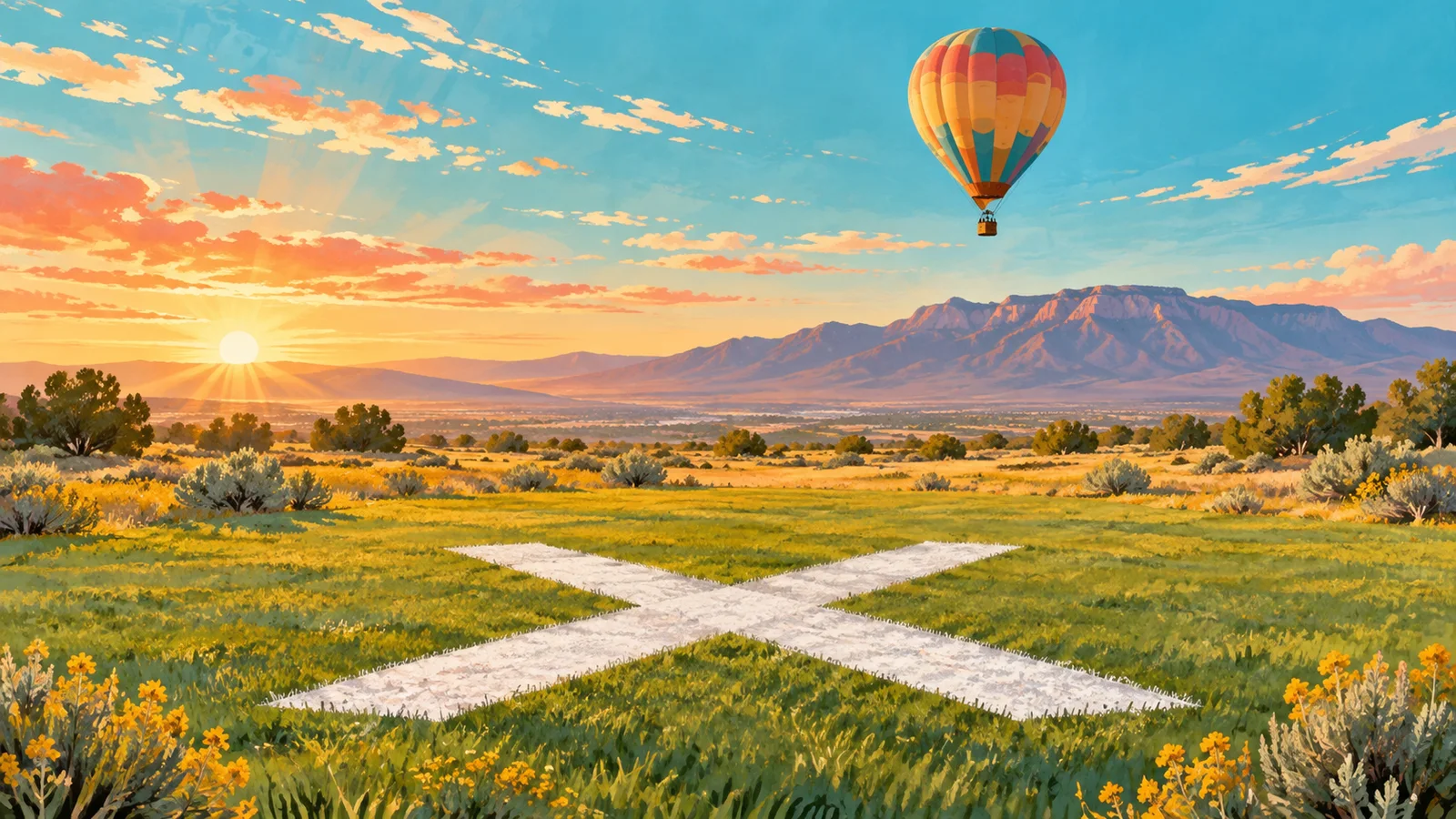 Editorial illustration of a large white X in an open field with a colorful hot-air balloon above Albuquerque at sunrise