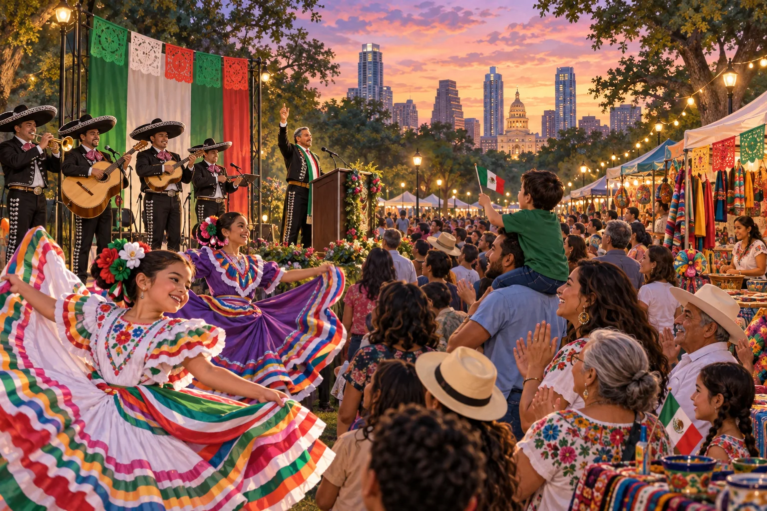 Editorial illustration of a multigenerational community celebrating El Grito with musicians, dancers, market stalls, and a ceremonial speaker in an Austin park.