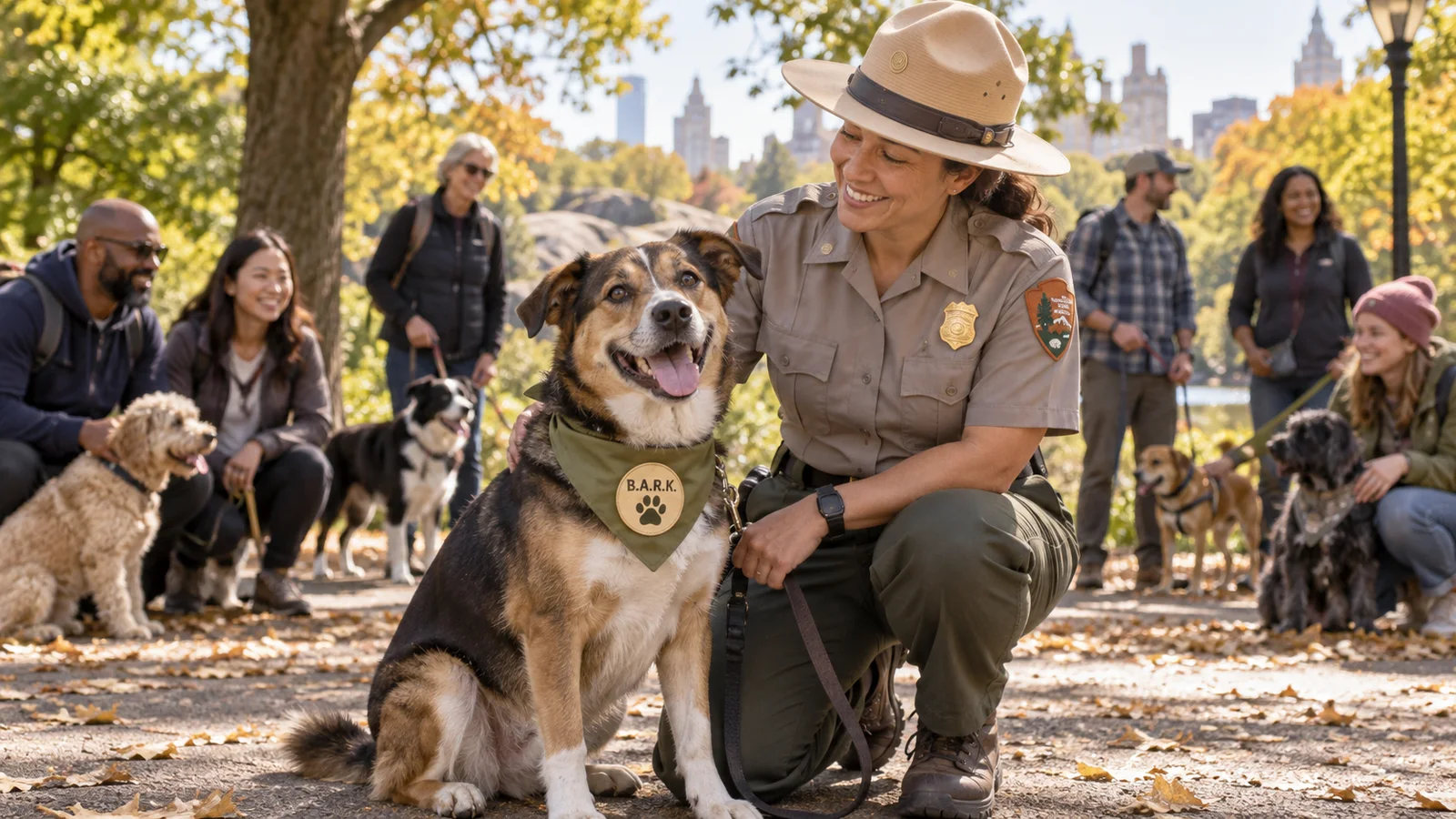 Editorial illustration of a leashed dog wearing a B.A.R.K. badge beside a park ranger in an autumn city park