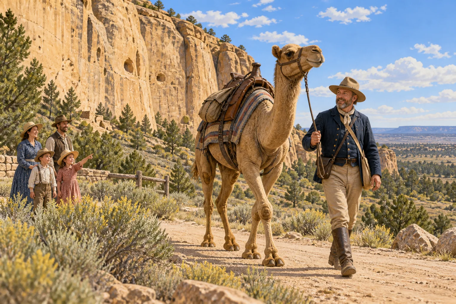 Editorial illustration of a historical reenactor walking with a camel beside a sandstone bluff in New Mexico.