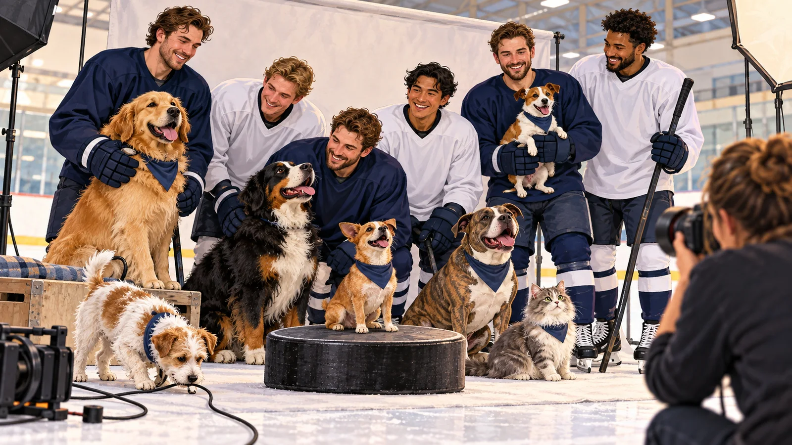 Editorial illustration of hockey players posing with dogs and a cat in a rink photo area