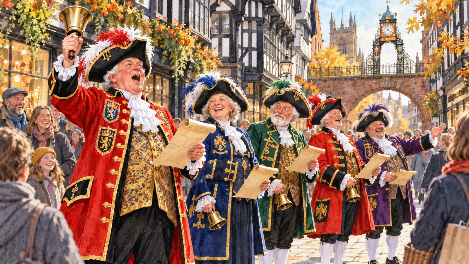 An editorial illustration of several costumed town criers making proclamations to smiling shoppers in Chester