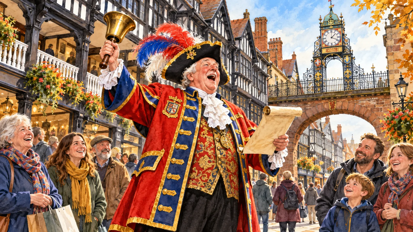 An editorial illustration of a town crier raising a bell before Chester shoppers beneath the Eastgate clock