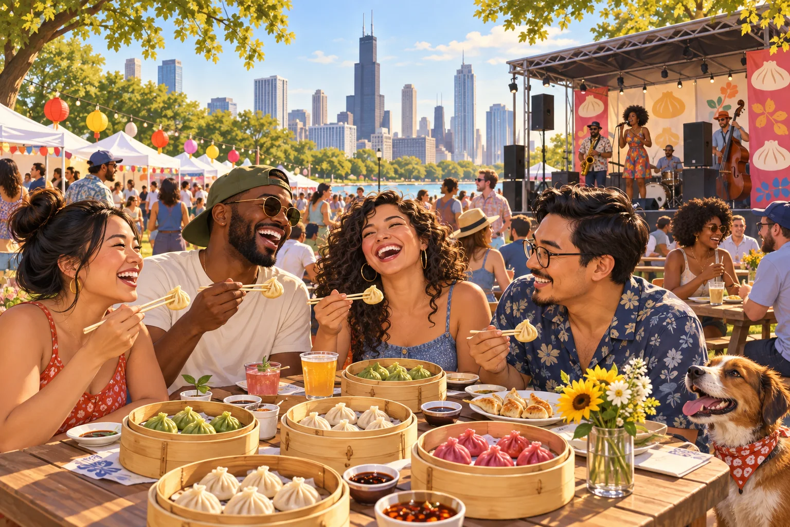 Friends laugh over colorful dumplings at a Chicago park festival with music on a nearby stage.