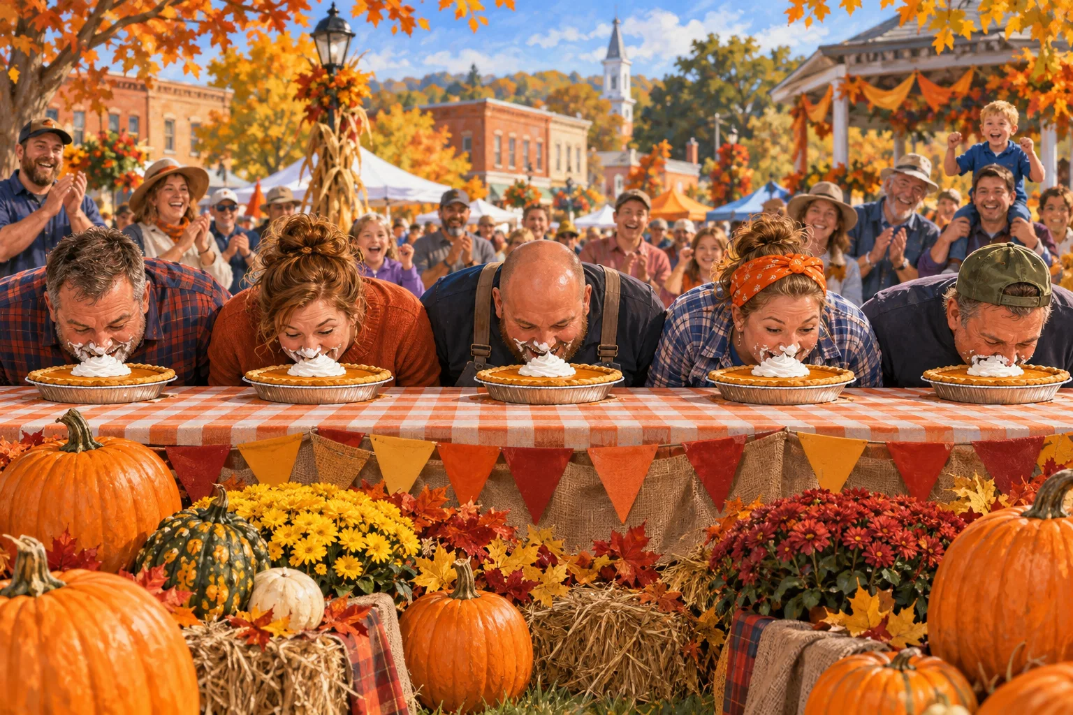 Contestants share a cheerful pumpkin-pie race at an autumn festival in a Pennsylvania town.
