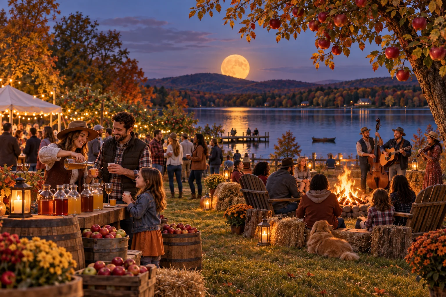 Illustrated family harvest moon festival beside a pond with cider, music, and a bonfire