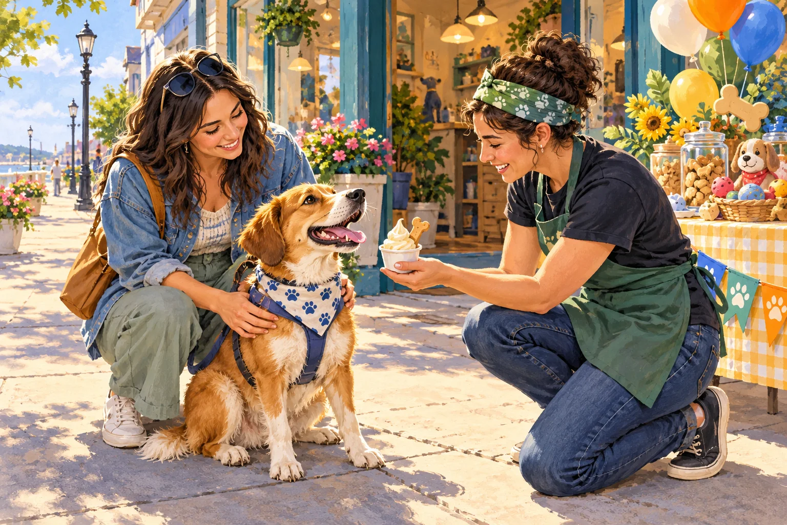 Editorial illustration of a happy dog being offered soft-serve outside a welcoming pet café