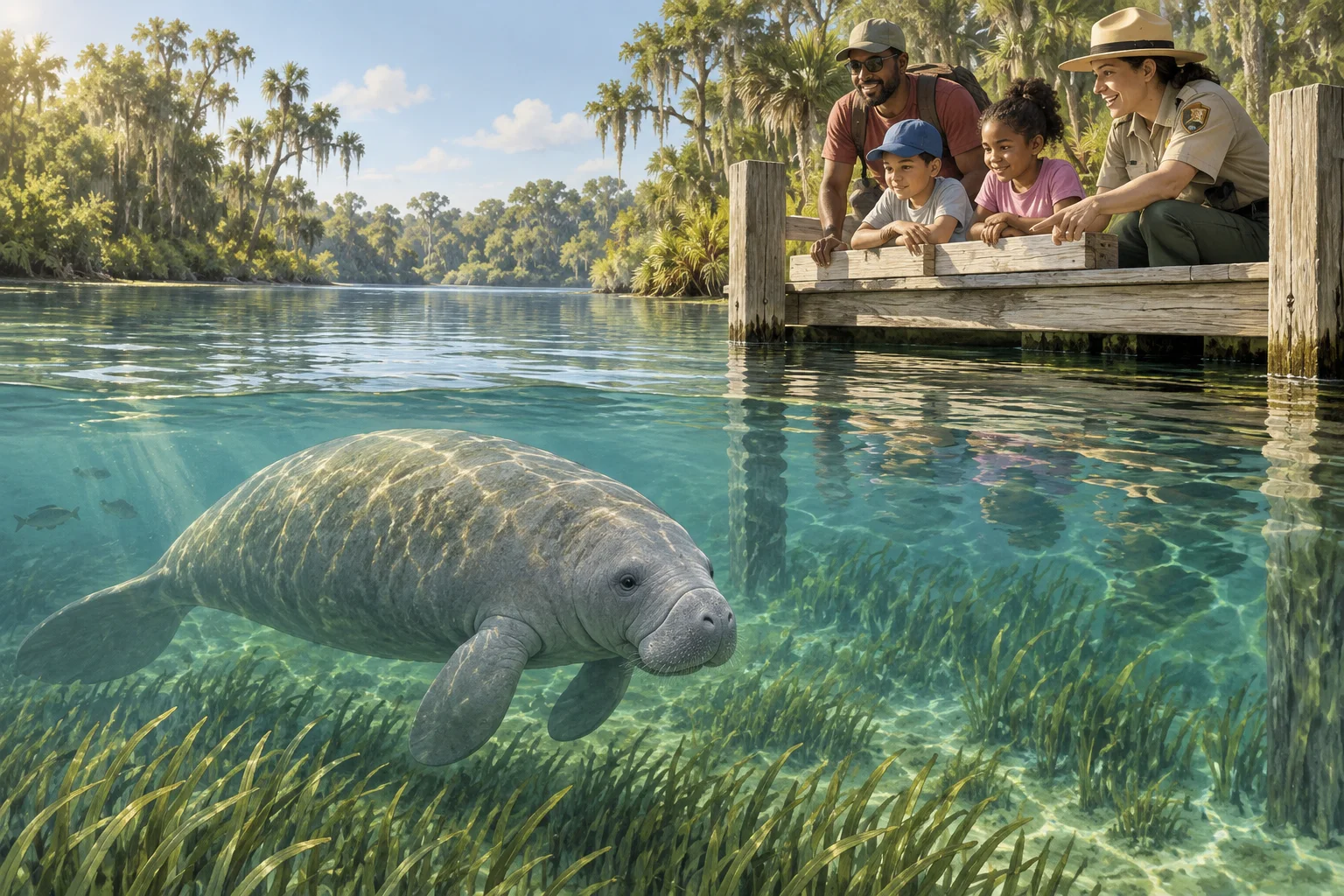 Editorial illustration of a West Indian manatee gliding through seagrass beside visitors and a park ranger at a Florida lagoon dock.