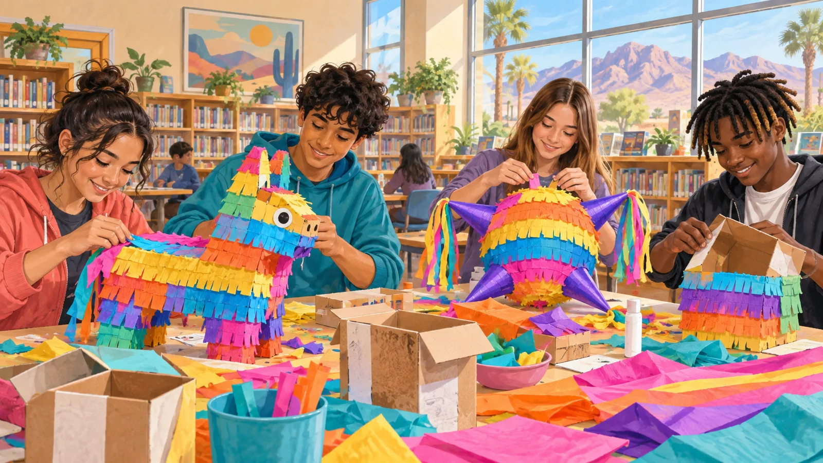 Editorial illustration of teenagers making colorful piñatas from recycled cereal boxes and crepe paper at a library craft table.