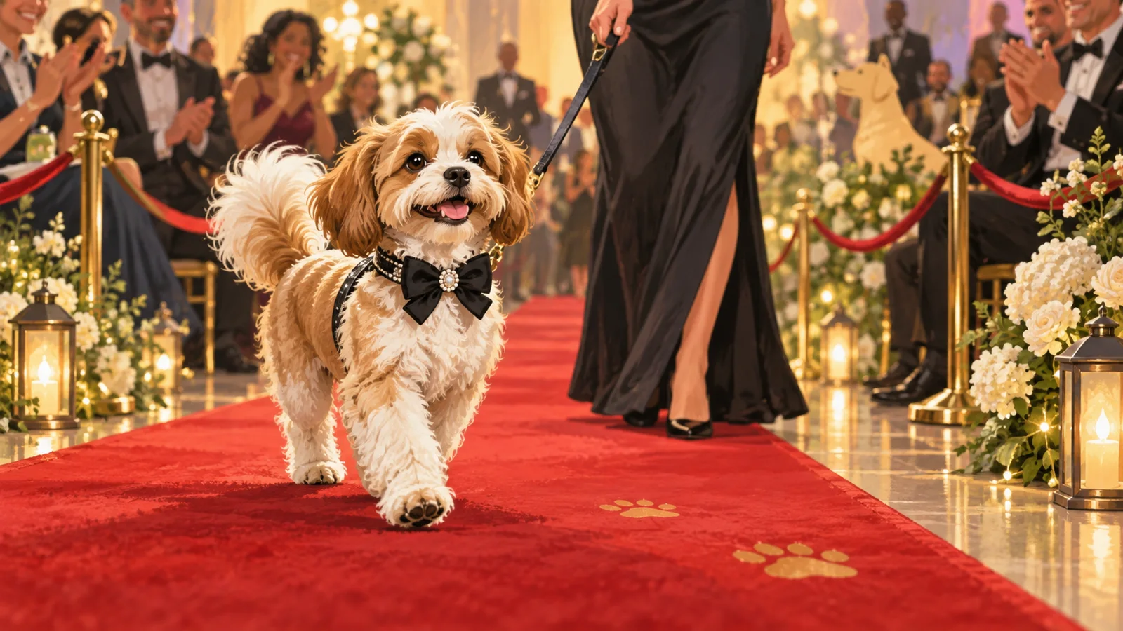 Editorial illustration of a dog walking a red carpet at a benefit gala.