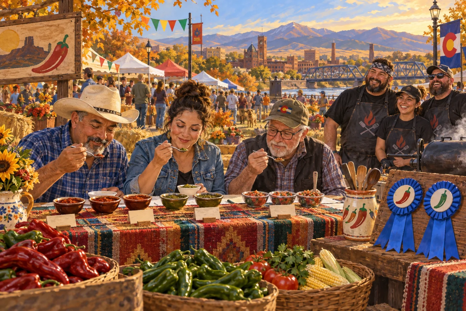Editorial illustration depicting judges tasting red chile, green chile, and salsa at a Pueblo festival alongside a barbecue team celebrating two category ribbons.