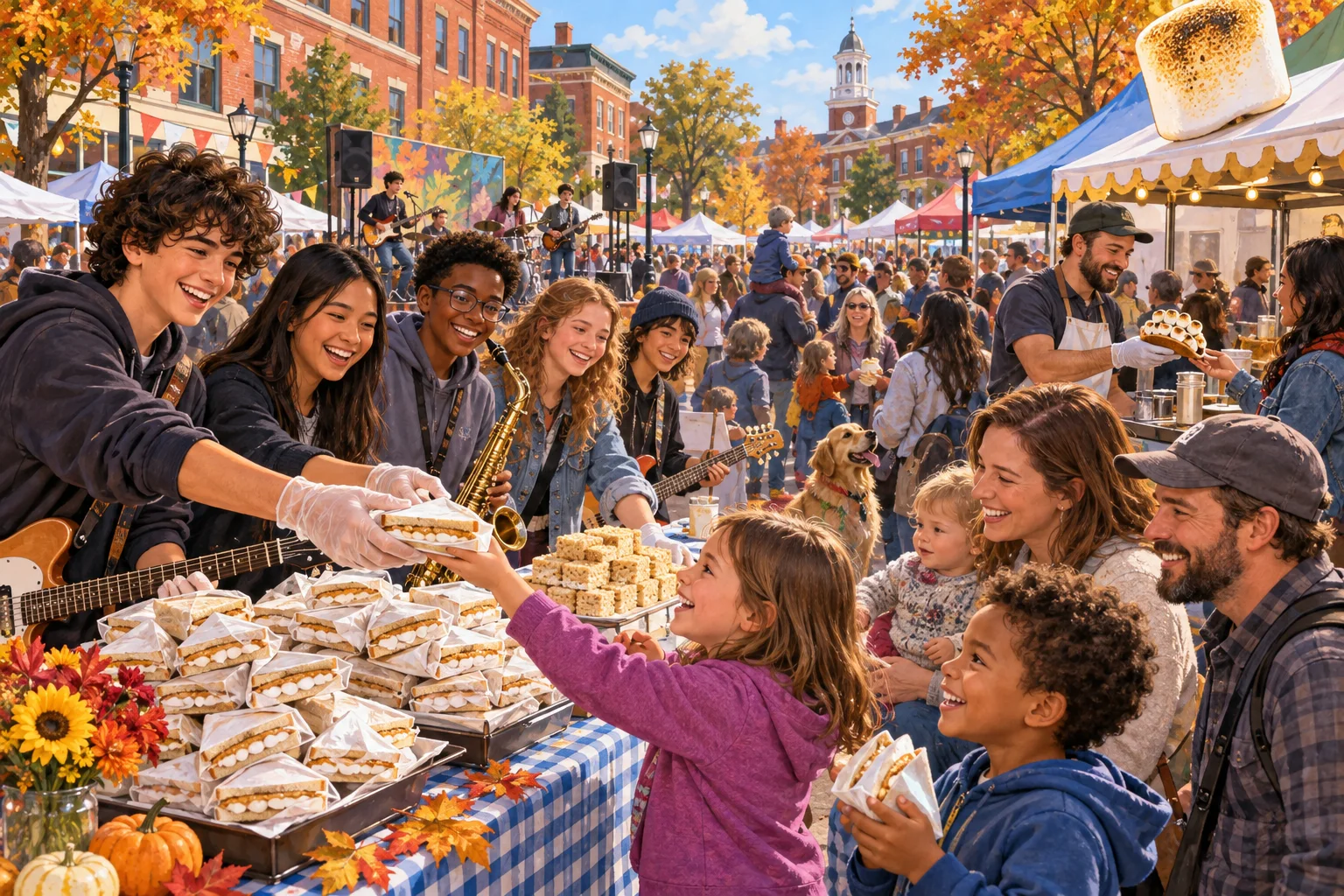 Editorial illustration of student musicians offering stacks of fluffernutter sandwiches to families at a crowded Somerville street festival.