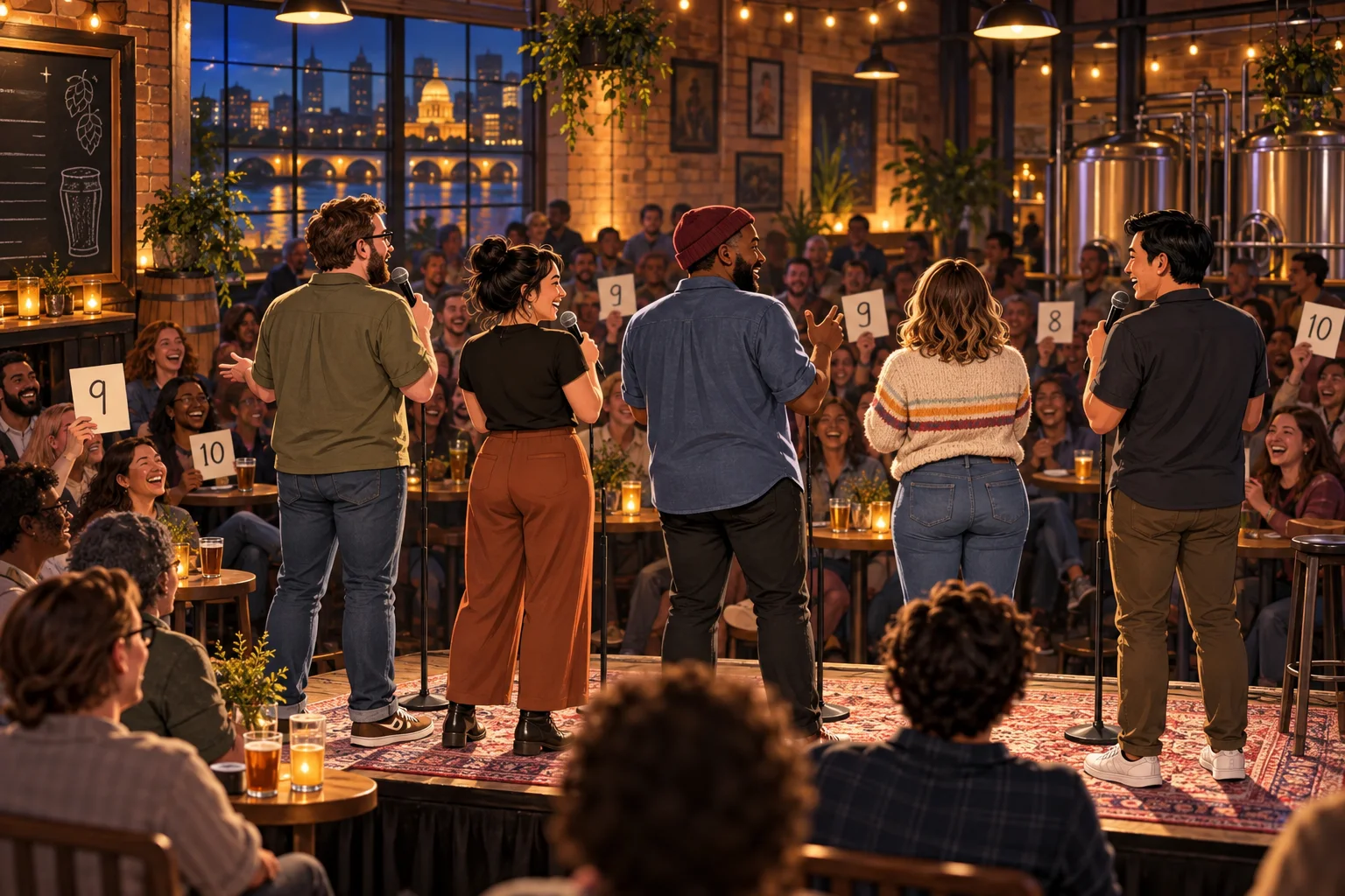 Editorial illustration of adult comedians on a warm brewery stage as an audience holds scorecards.