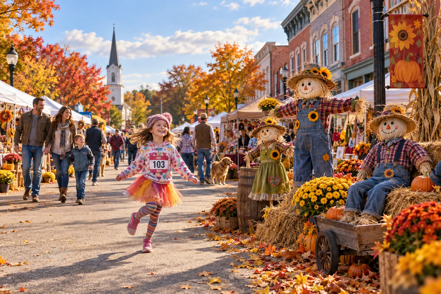 Editorial illustration of families walking among handmade scarecrows and craft booths at a sunny small-town autumn festival.