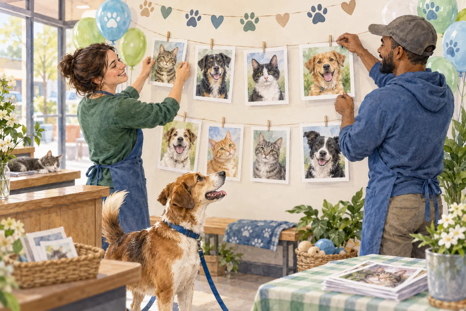 Editorial illustration of shelter volunteers arranging pet portraits as a dog looks on