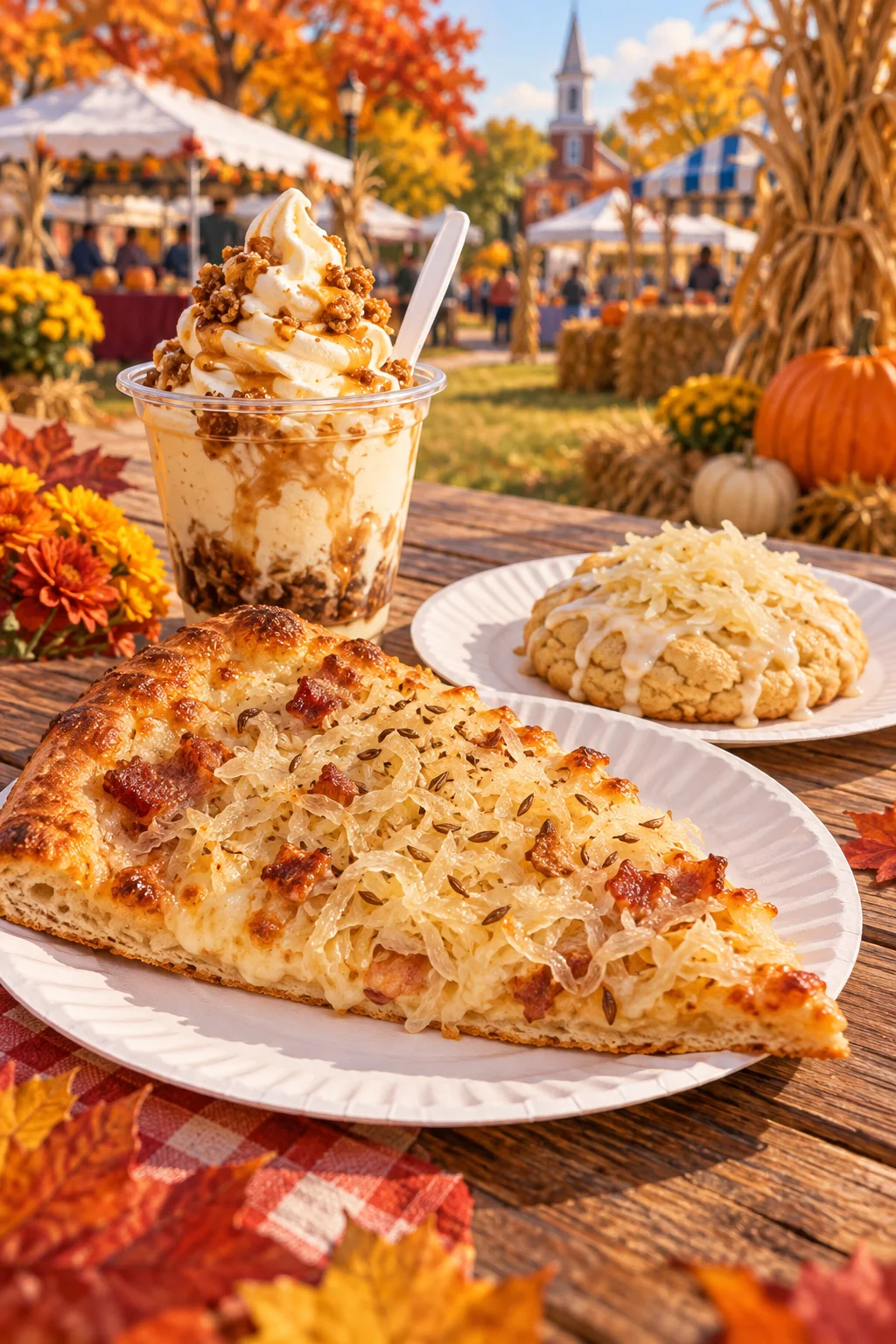 Editorial illustration of sauerkraut pizza, a soft cookie and a German sundae on a festival table