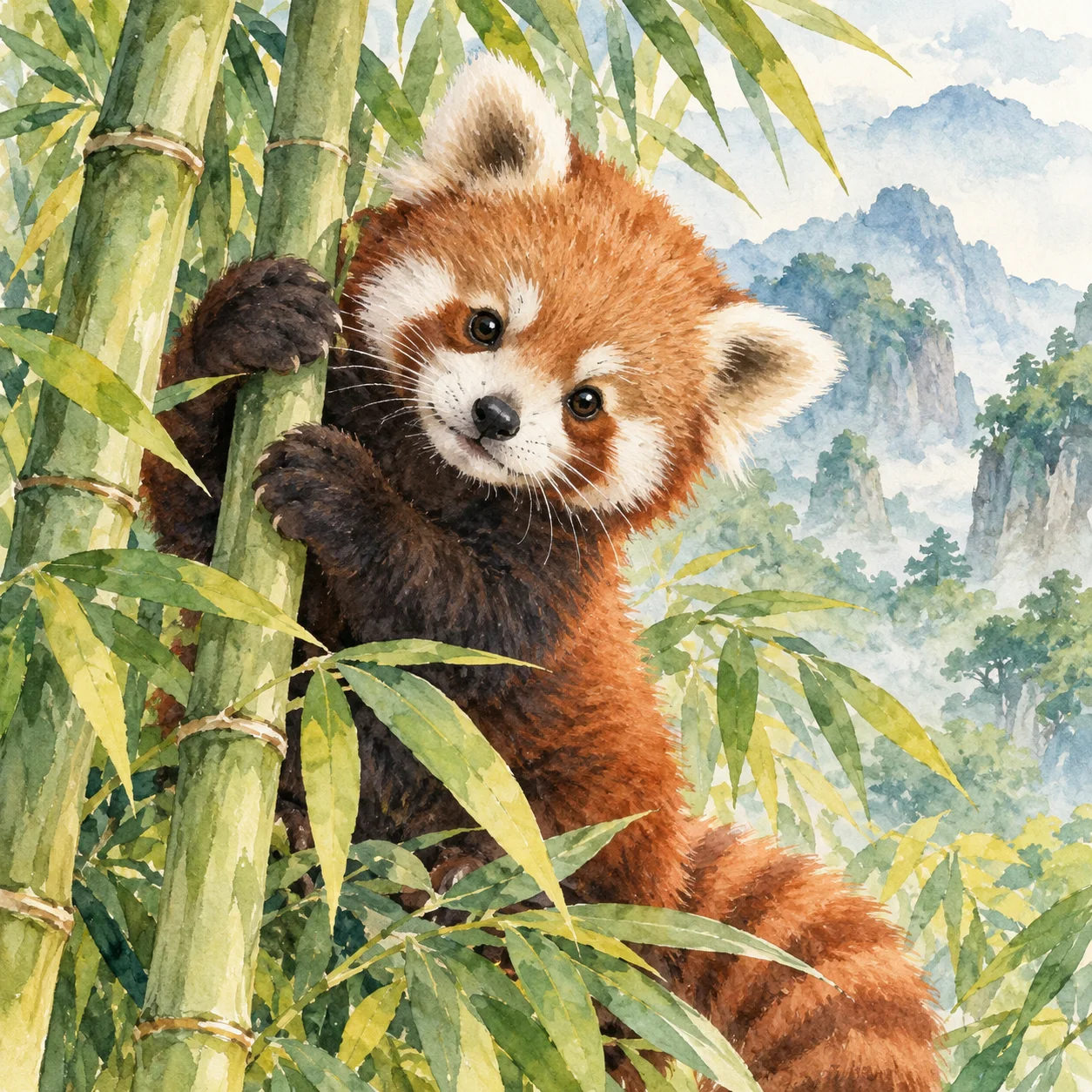 Editorial illustration of a fluffy red panda cub sitting among bamboo leaves