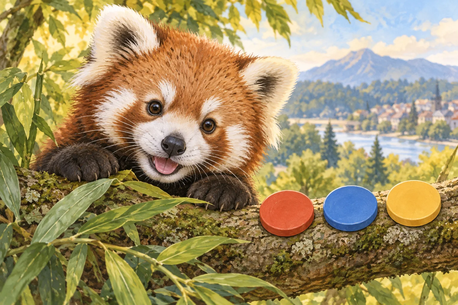 Editorial illustration of a young red panda cub beside three colorful voting tokens
