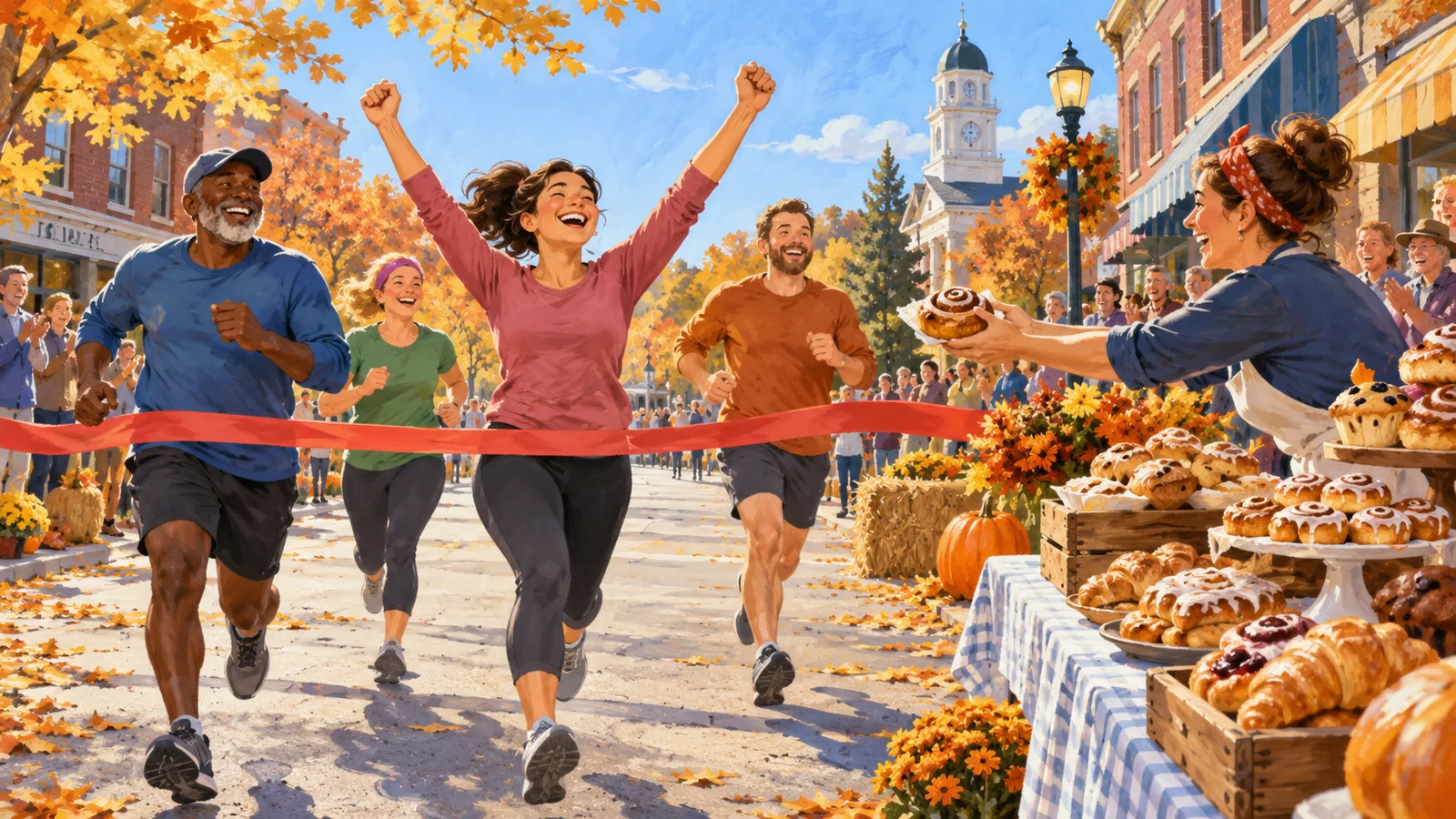 Editorial illustration of generic runners crossing a downtown finish line toward a pastry table.