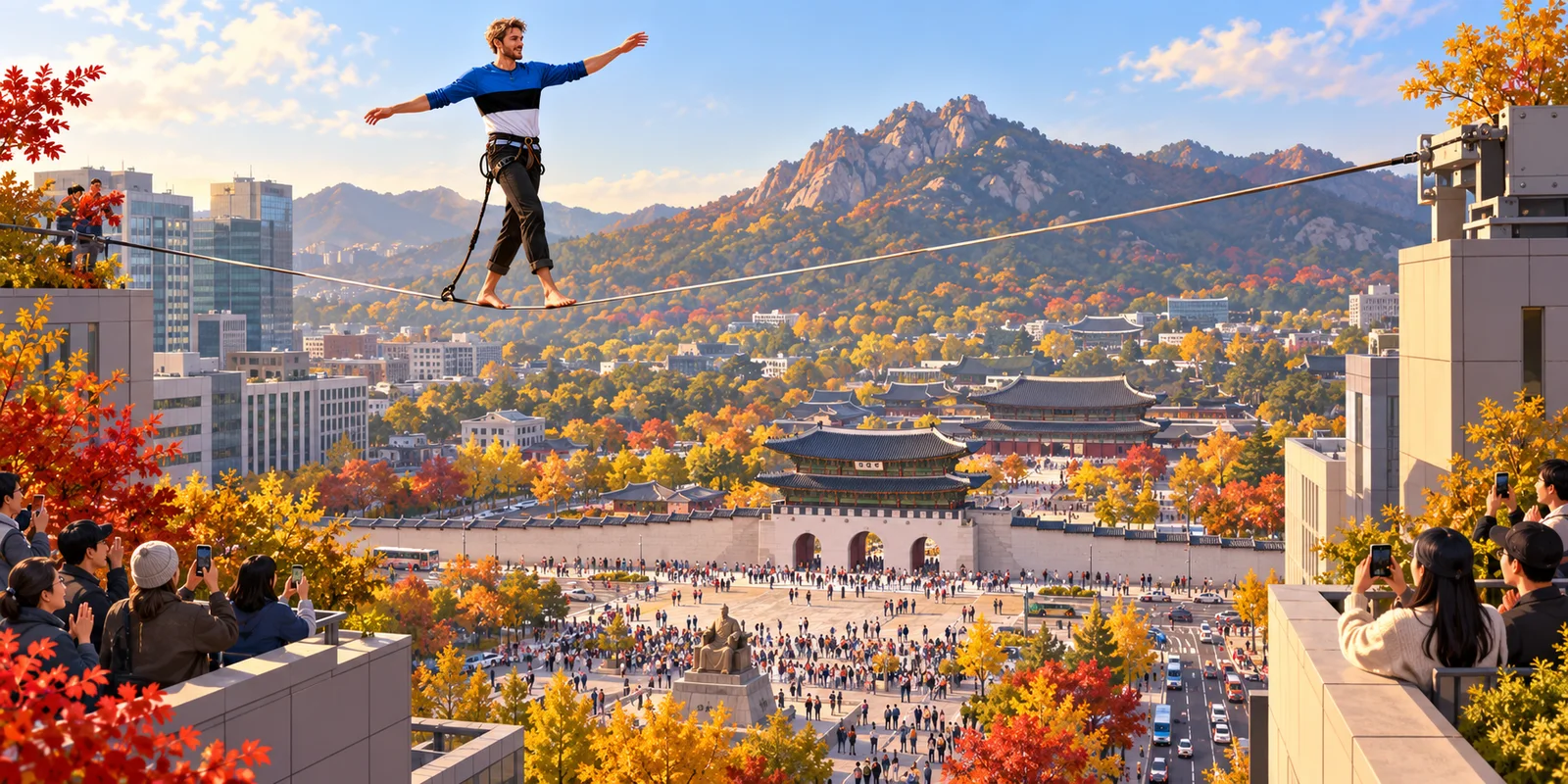 Editorial illustration of Jaan Roose crossing a highline above Seoul's Gwanghwamun plaza as spectators look up